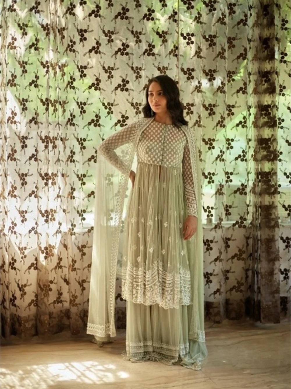 Astha Narang Sage Green With White Thread Work Jacket and Sharara Set